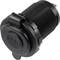 Black round USB port with cover, suitable for mounting in a surface.