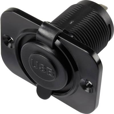 A black USB port for wall mounting, cylindrical with a rectangular base plate and two fixing holes at the corners.