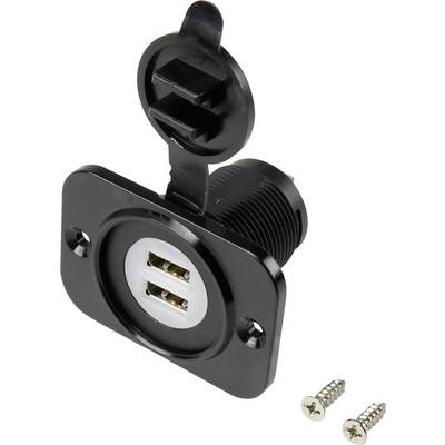 'USB flush-mount socket, dual-port, black, round, with cover and two mounting screws.'