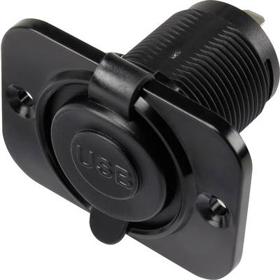 Black USB socket with mounting plate, suitable for installation in devices or panels. 'USB' text visible on cover.