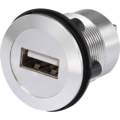 A silver USB port in a cylindrical form, ideal for integration into surfaces for charging or data connection purposes.