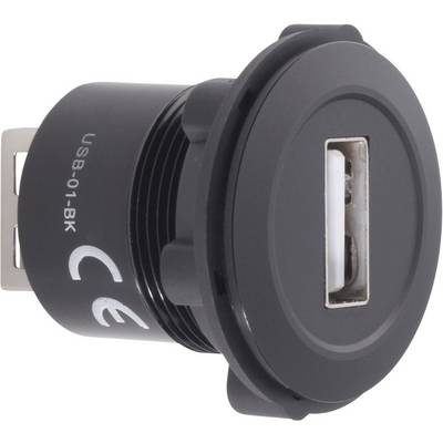 Black USB port adapter with label 'USB-01-BK' and 'CE'. Suitable for installation in a wall or surface.