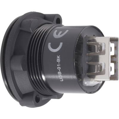 USB socket in black with CE marking, model number USB-01-BK, front view showing metal contacts.