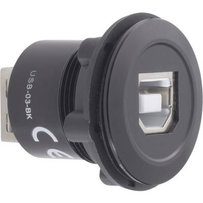 Round black USB connection module with CE markings, front view of a socket.