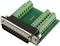 'DB25 adapter board with green terminal blocks for electrical connections, with black and silver plug on the left.'