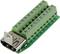 Green terminal block adapter with 10 pins and USB connection, numbered from 1 to 10, mounted on a green circuit board.