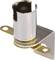 Metal mounting bracket: Cylindrical component made of shiny metal, with a side recess, secured on an angle with two holes.