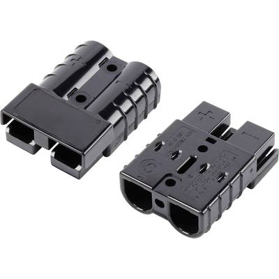 Two black electric connectors, lying side by side, each with two connection openings and a structured design.