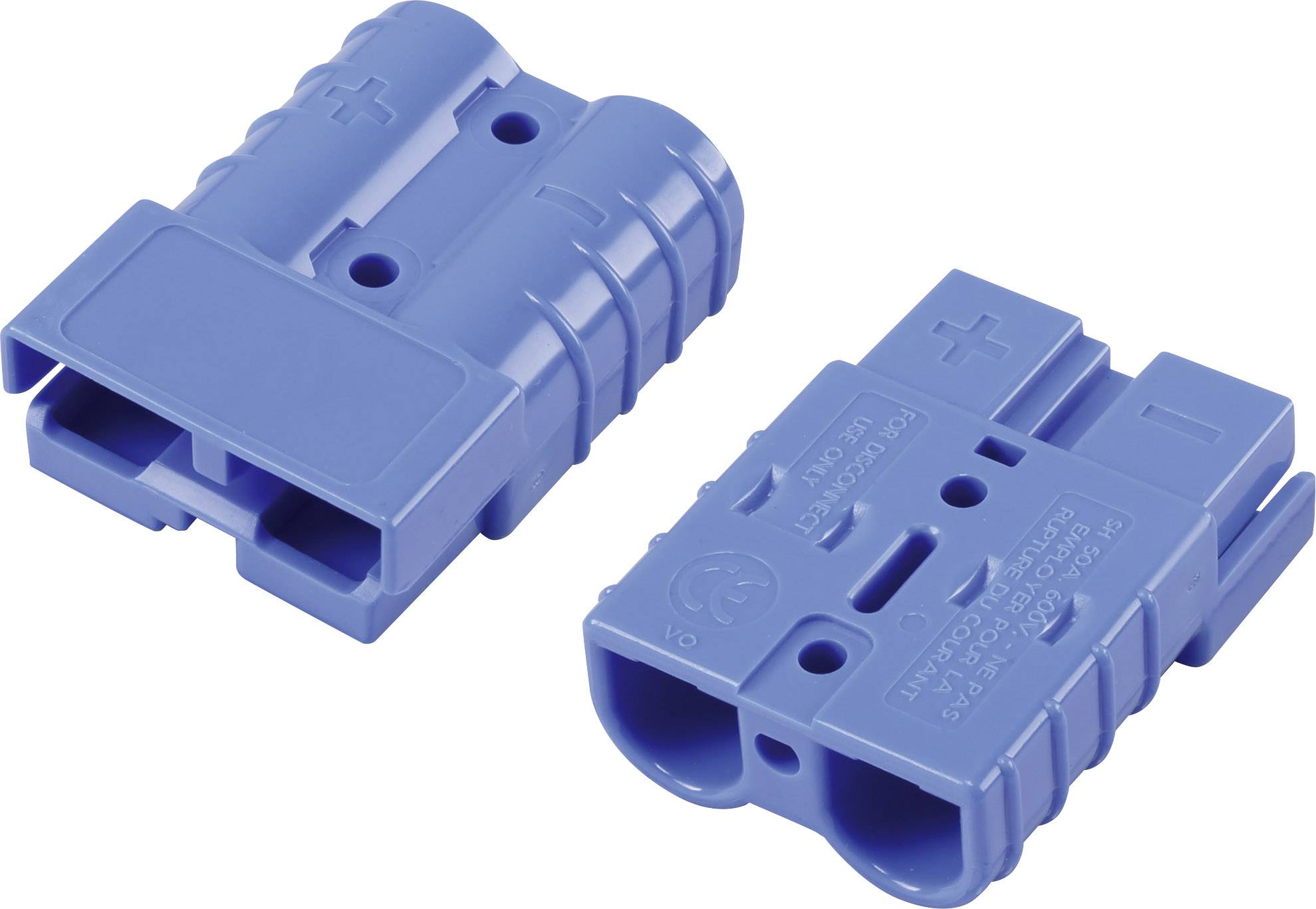 Two blue connector plugs with plus and minus symbols, rectangular in shape, positioned side by side on a white background.