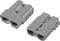 Two grey connectors, one with a plus sign and one with a minus sign, show the components of an electrical plug system.