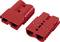 Two red electrical connectors in different perspectives. One lying flat on the left, the other standing upright on the right.