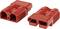 Two red electrical connectors in an open position, revealing internal structure. Suitable for high current intensities, robust design.