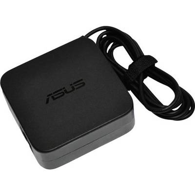 Black laptop power adapter with coiled cable and ASUS logo on the top surface.