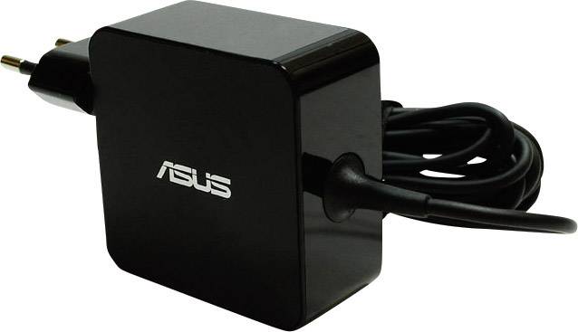 Black Asus laptop power adapter with cable and EU plug, side view.