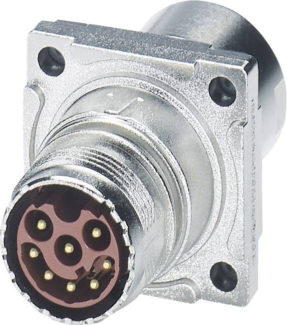 A silver, circular connector plug with multiple golden contacts, mounted on a square base.