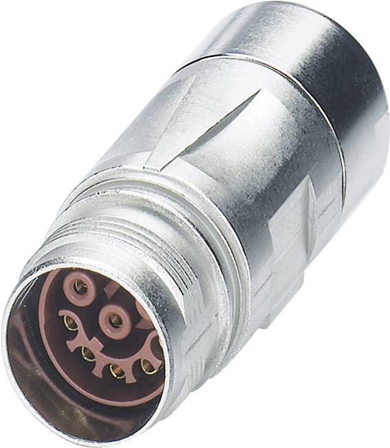 A silver, cylindrical electrical plug with multiple small pins and a threaded end for securing.