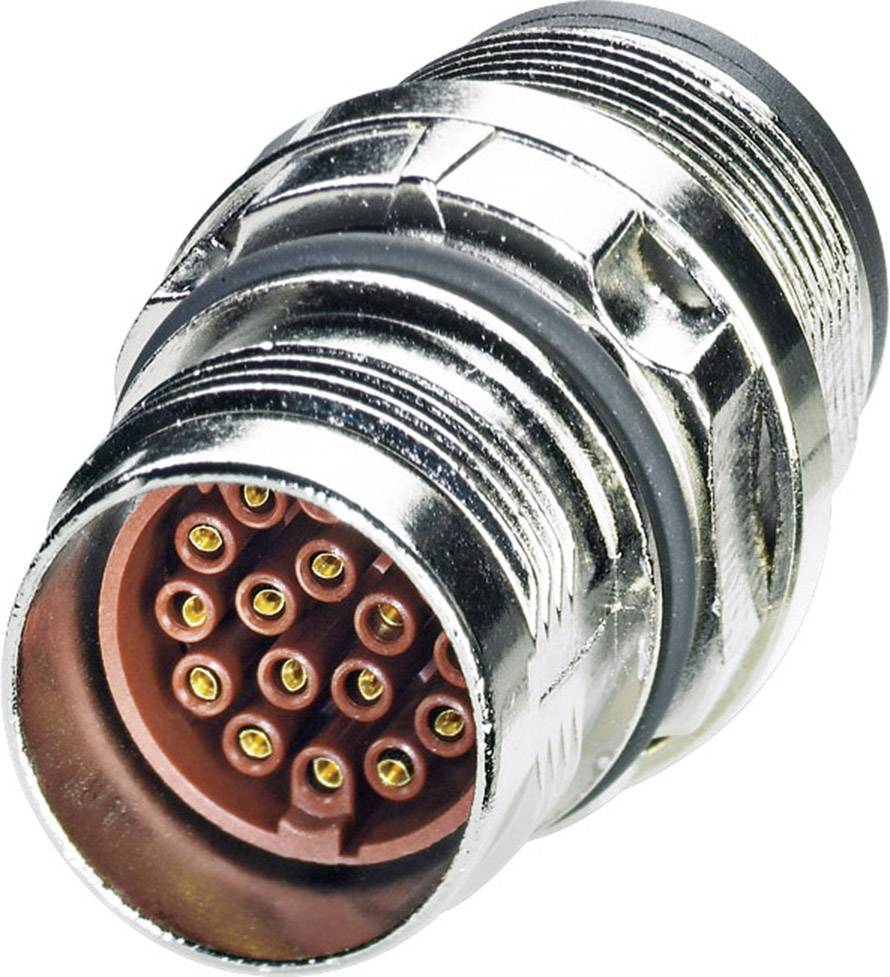 A silver circular connector with multiple gold-coloured electrical pins. Suitable for electrical connections in industrial applications.
