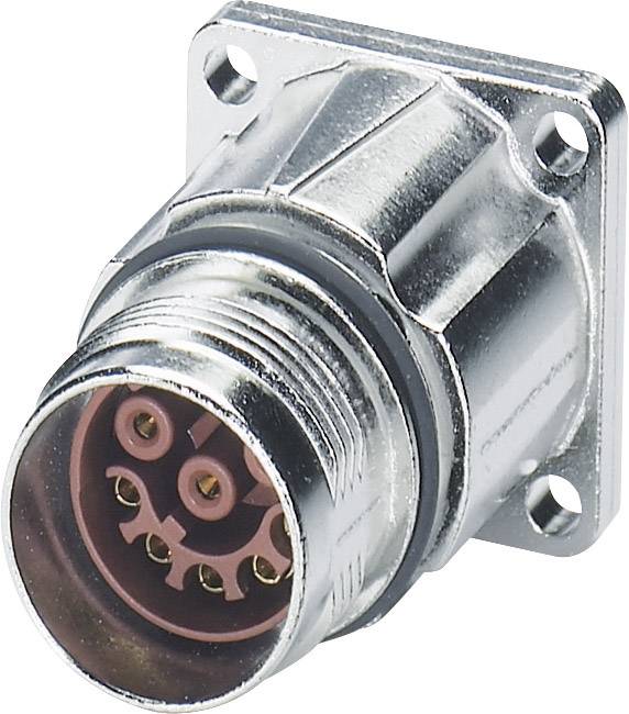 Metal connector with multiple electrical contacts, suitable for industrial applications. Square mounting plate.