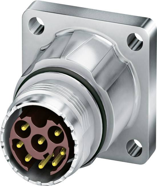A round, metallic connector with multiple golden pins, mounted on a square plate with four screw holes.