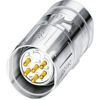 A silver plug with six golden pins, numbered from 1 to 6. The plug is labelled with 'locked' and 'open'.