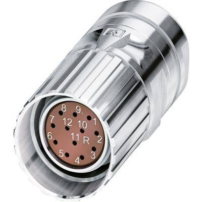 Metal connector with 12 numbered pins and an additional pin labelled 'R' in a robust, cylindrical housing.