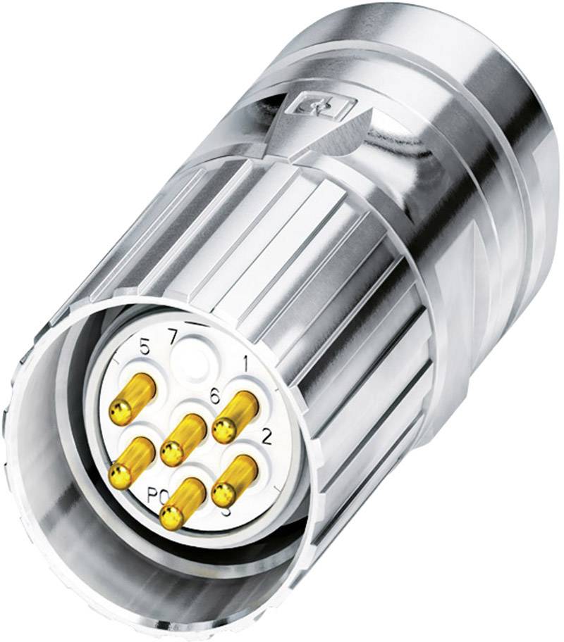 Metallic circular connector with six gold-plated contact pins, numbered from one to seven, for industrial applications.