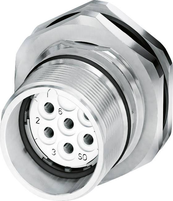 A silver metal plug with multiple pins arranged in a circular configuration, used for industrial wiring and electronic connections.