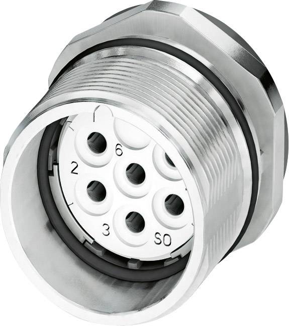 A multi-pin electrical connector with several round socket outlets in a metallic housing, suitable for industrial applications.