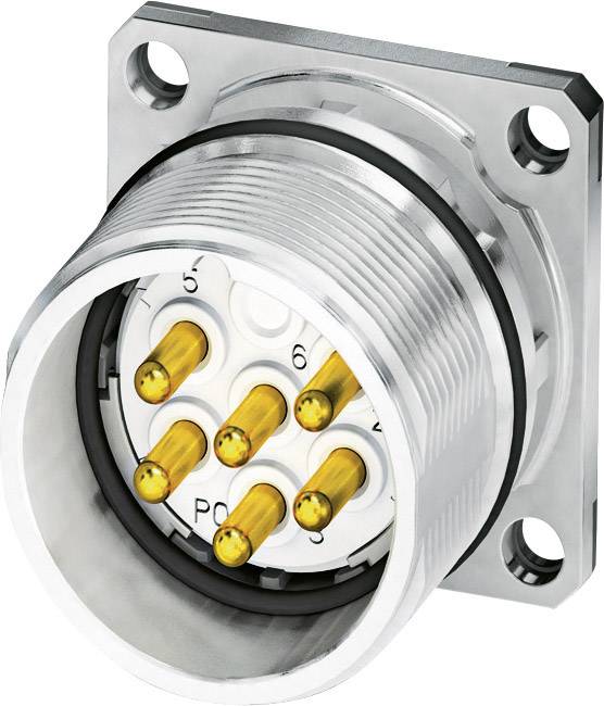 A silver electrical plug with multiple gold-coloured contacts, attached to a square metal plate.