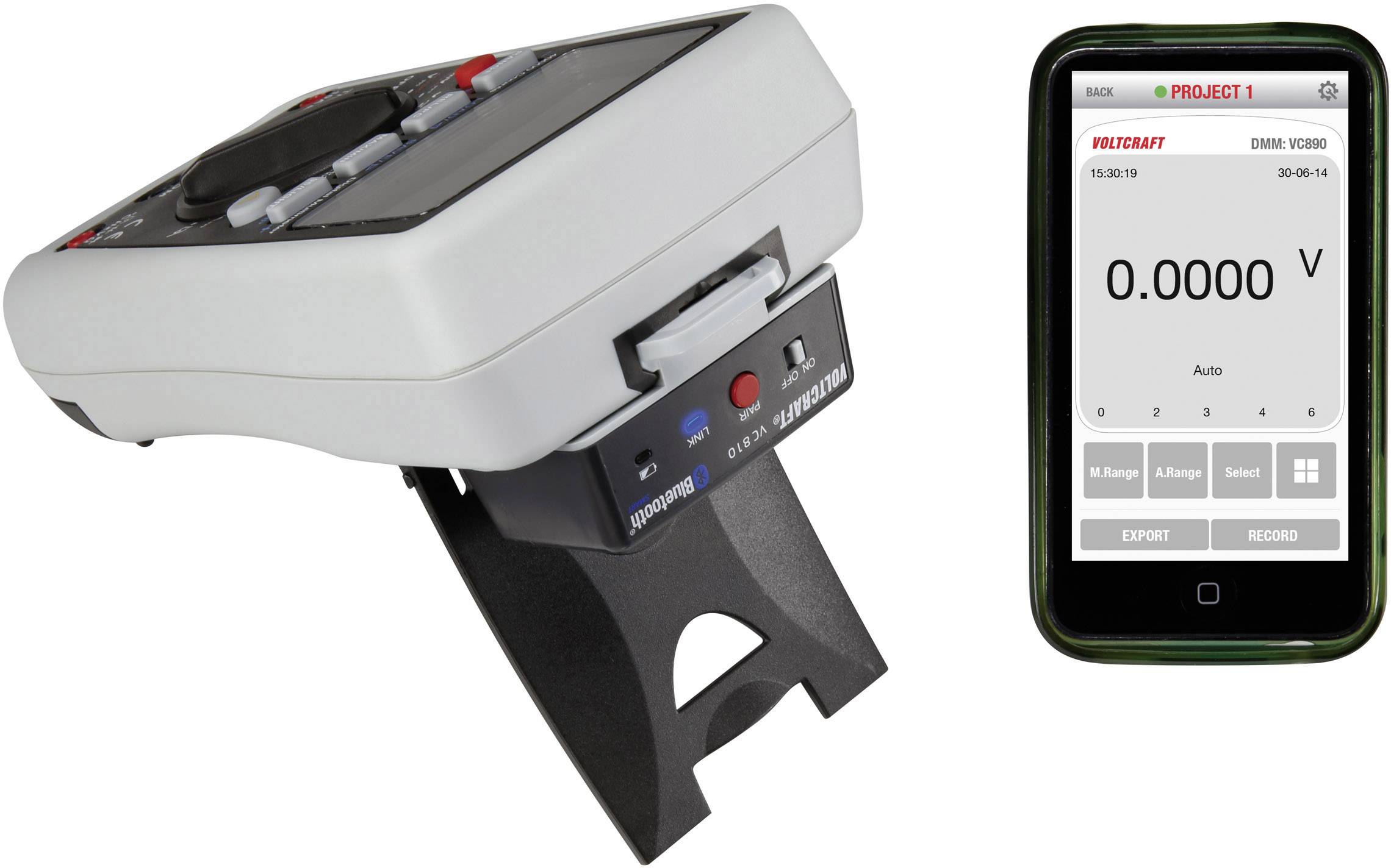 A digital multimeter and a smartphone with a voltage measurement app. The multimeter is not showing current measurements.