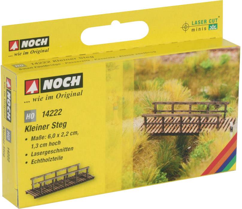 Yellow packaging of a model bridge with the inscription 'NOCH Small Footbridge', H0 scale, wood design, suitable for model railway layouts.