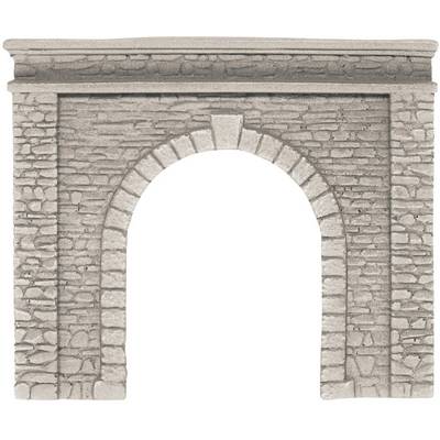 A stone gate with an archway made of brickwork and a rectangular frame. The gate has a rustic, antique appearance.