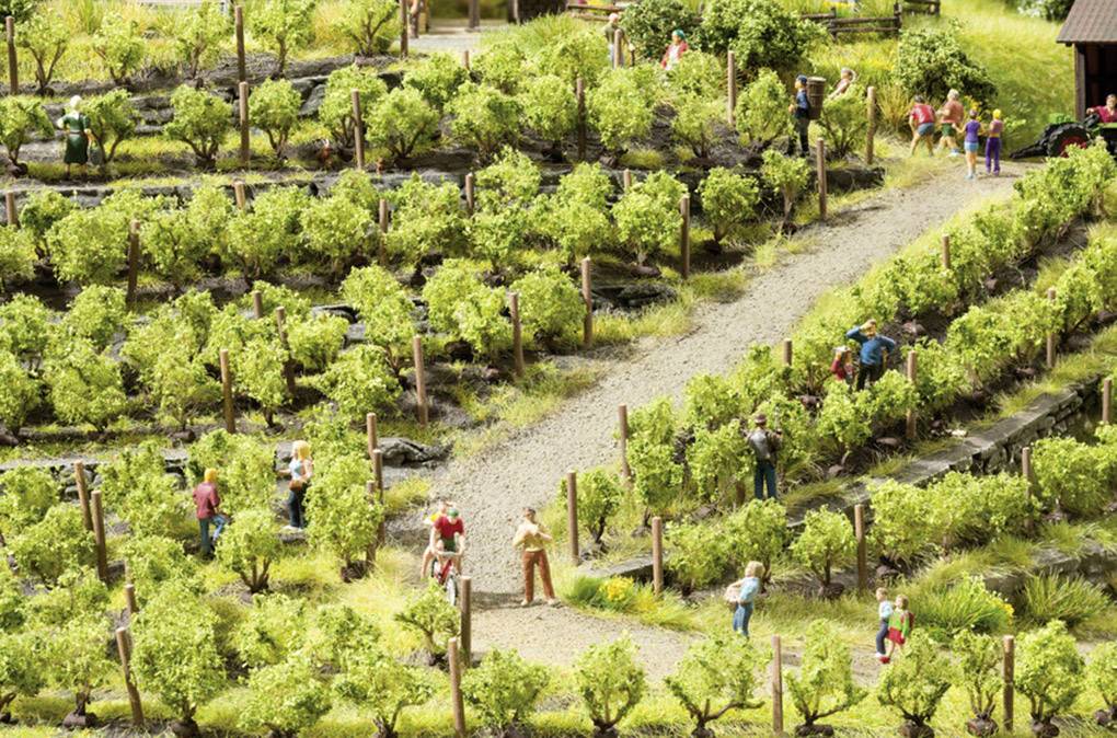 Miniature model of a vineyard with tiny figures working between the vines. A narrow path winds through the green rows.