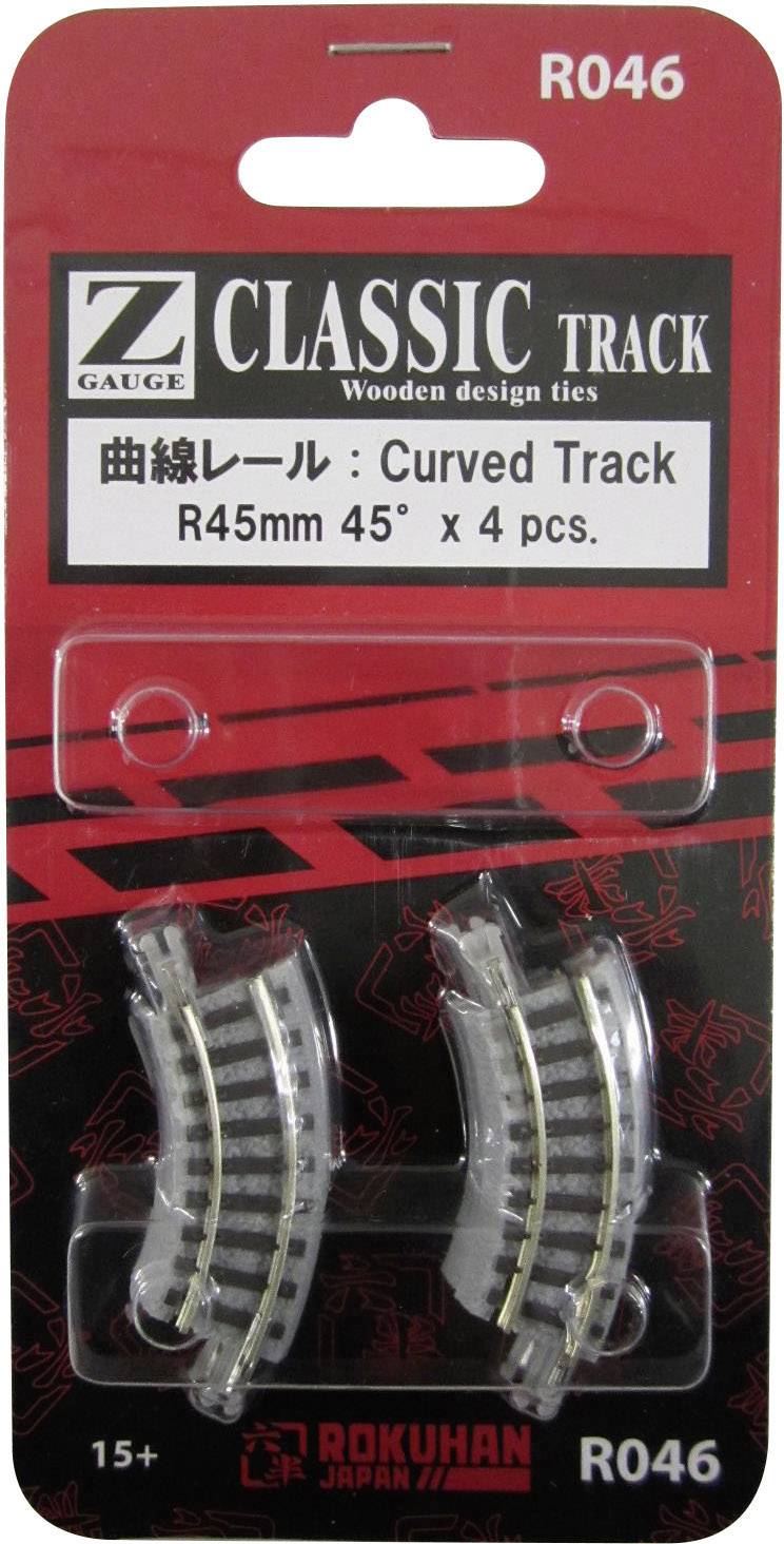 'Classic Track' in red and black packaging. Shows four curved model railway tracks with a 45 mm radius. Suitable for ages 15 and above.