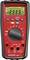 Digital multimeter with a red casing and black rubber protection, used for measuring voltage, current, and resistance.
