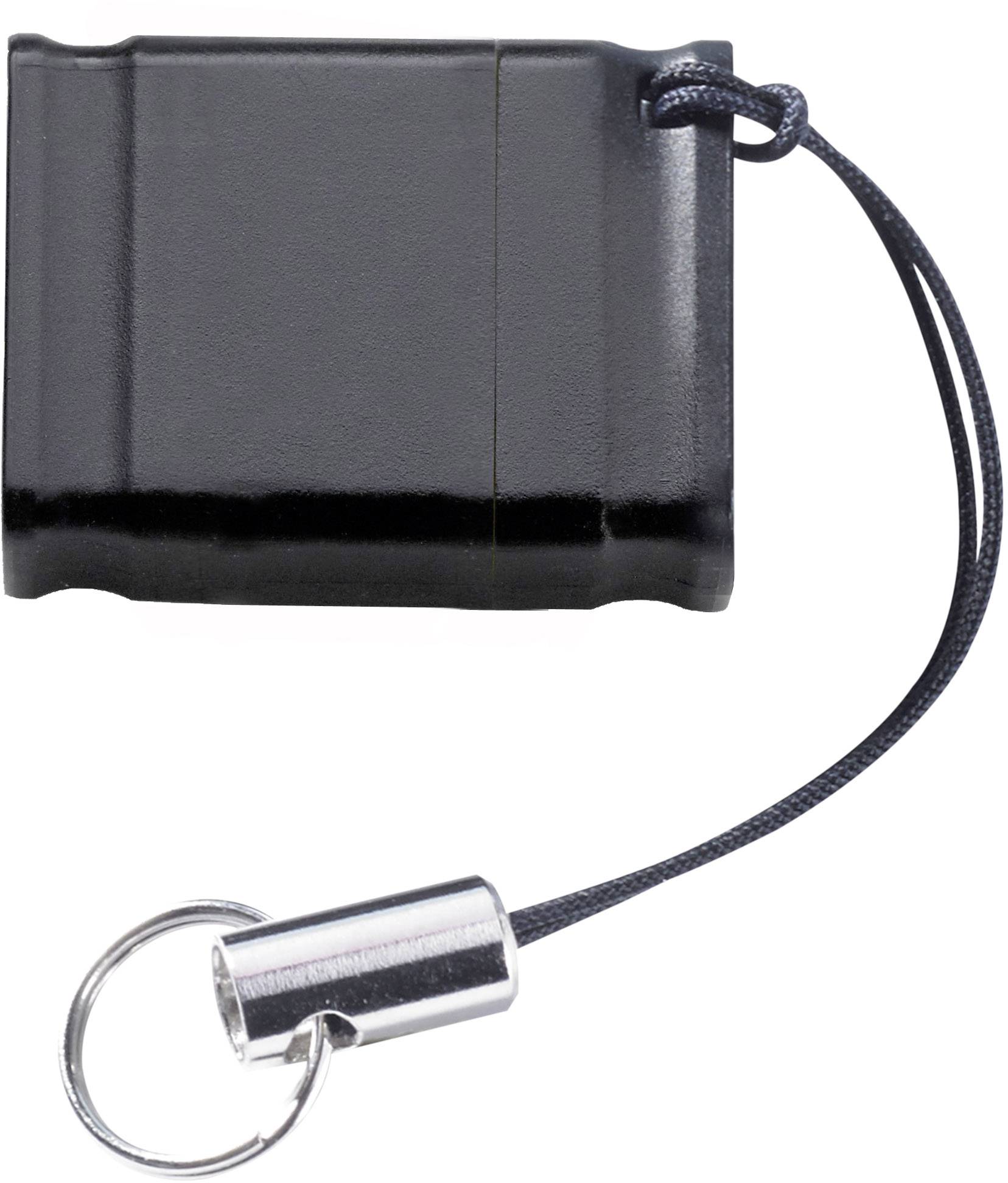 Black, square plastic box with a loop and metal ring, likely a personal alarm or keychain.