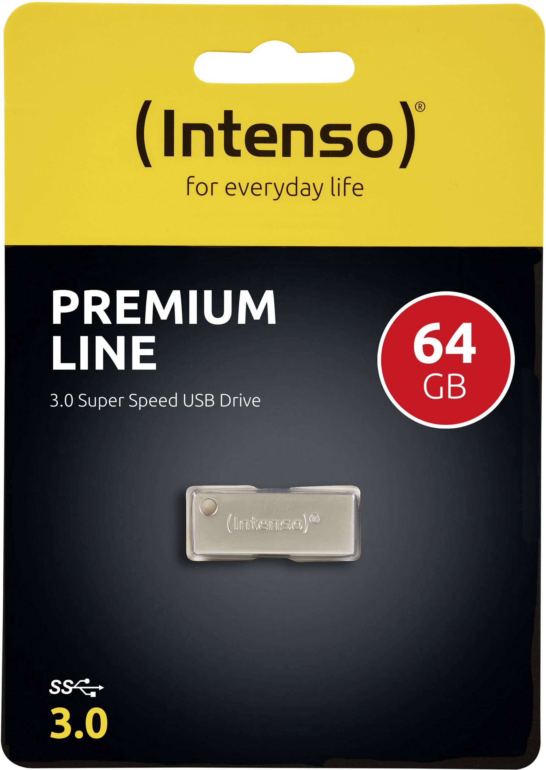 Packaging for an Intenso 64 GB USB 3.0 drive, with a yellow background, highlighted text reading 'Premium Line', and a red circle displaying the storage capacity.