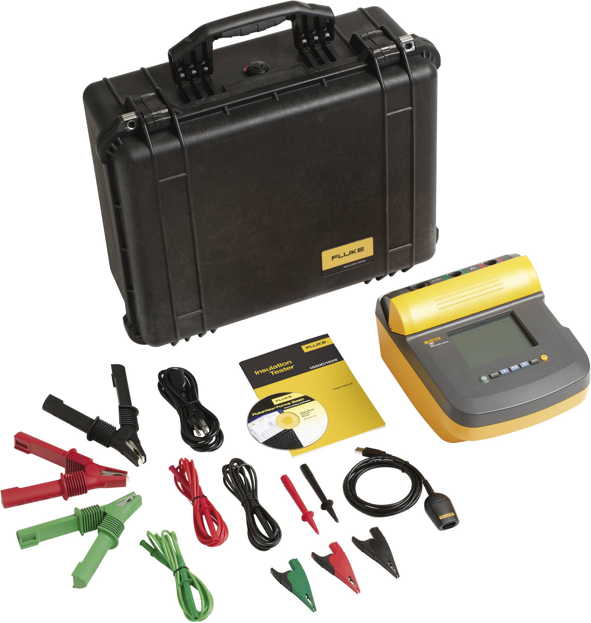 Portable cable tester with black hard-shell case, test leads, clips and user manual, ideal for technicians.