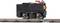 A small model of a black rail vehicle with wheels on a track. It has colourful cables and details on top.