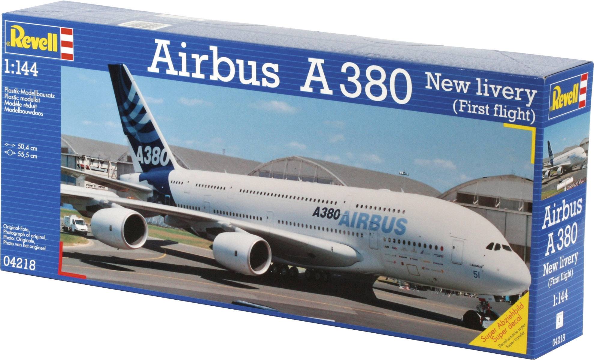 Model kit box of an Airbus A380 with new livery. Contains scale details and model information from Revell.