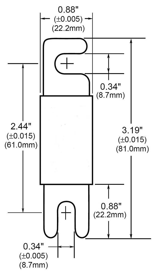 Technical drawing of a component with dimensions: height 3.19 inches, width 0.88 inches and other measurements in inches and millimetres.