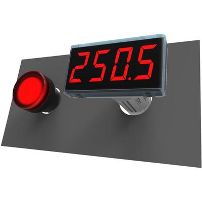 Red button and digital display showing the number '250.5' on a black background.