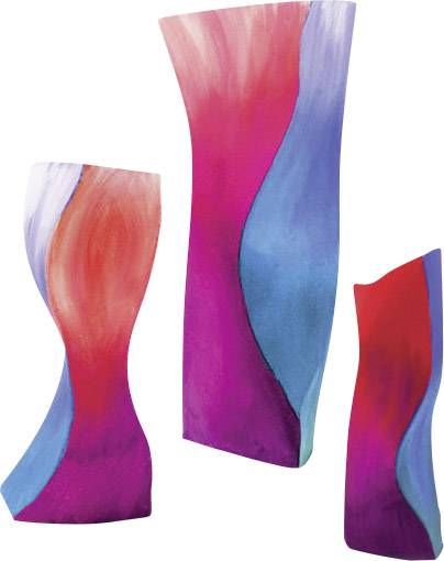 Three abstract wooden sculptures in vibrant colours such as red, blue, purple, and pink, depicting various dynamic forms.