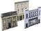Three detailed miniature models of historical buildings, including a bank with columns, stand upright side by side.