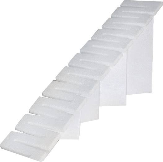 White foam parts in a staggered arrangement, ascending towards the back. Primarily for packaging purposes.