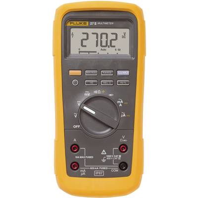 A digital multimeter with a display showing '270.2 V DC'. It has a yellow frame and various measurement functions.