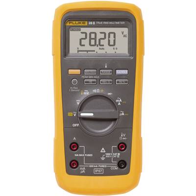 A digital multimeter with an orange casing displays '28.20 V AC' on the screen. Buttons and symbols for measuring various electrical values are visible.