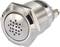A round, silver sensor with a perforated front and a threaded section for mounting. A black inscription is visible on the top.