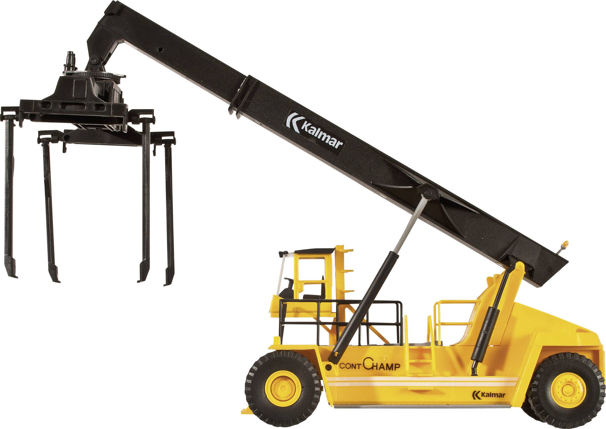 Yellow container forklift with a long, black extending arm in an elevated position, used for lifting and stacking containers.
