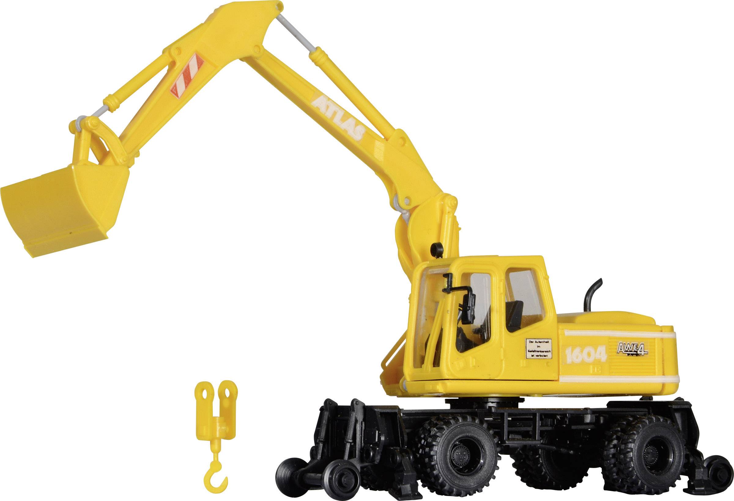 A yellow toy digger with a movable arm and bucket. 'ATLAS 1604 Mobil' printed on the side. Includes a small hook.